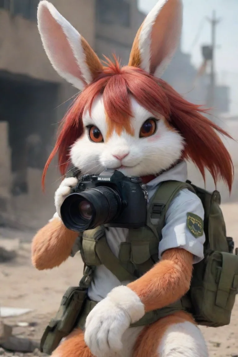 aiartstation art a female anthro furry rabbit redhead with camera in a warzone anime style hd confident engaging wow 3 portrait