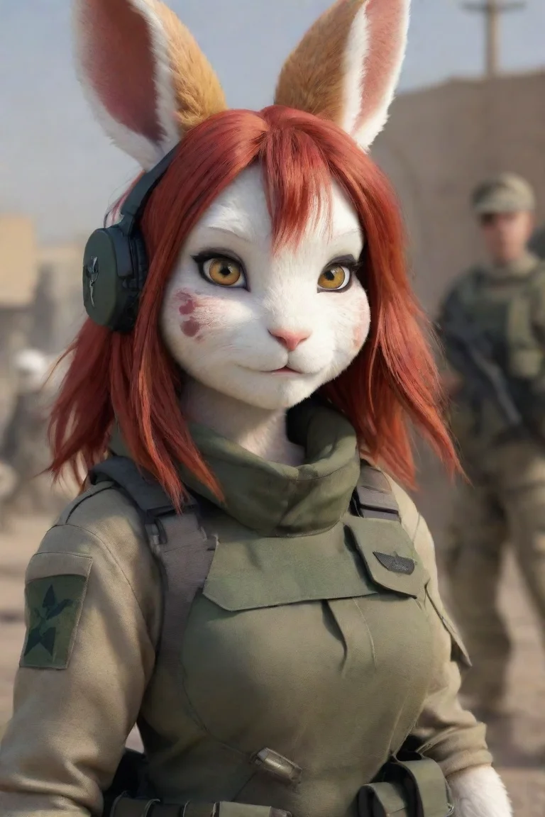 aiartstation art a female anthro furry rabbit redhead with ptsd in a warzone hd confident engaging wow 3 portrait