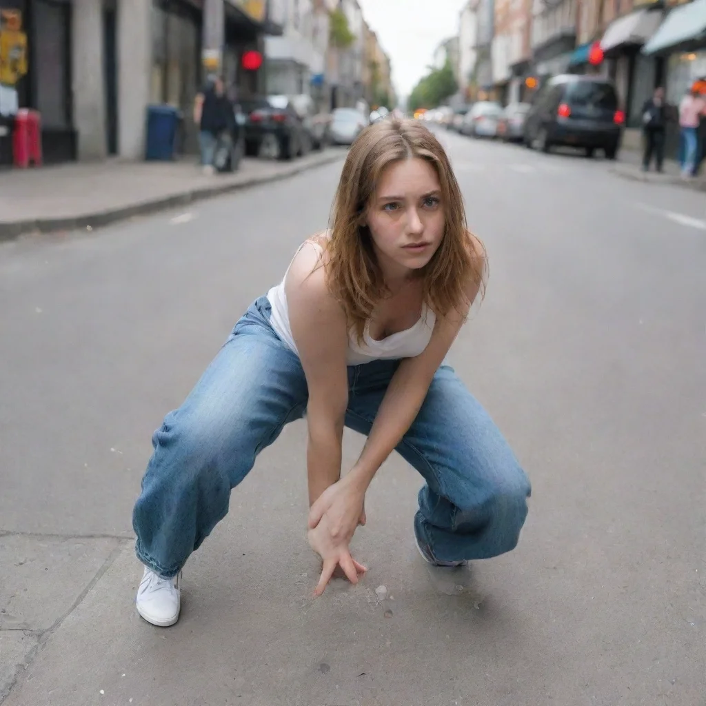 aiartstation art a female crouch on street. confident engaging wow 3