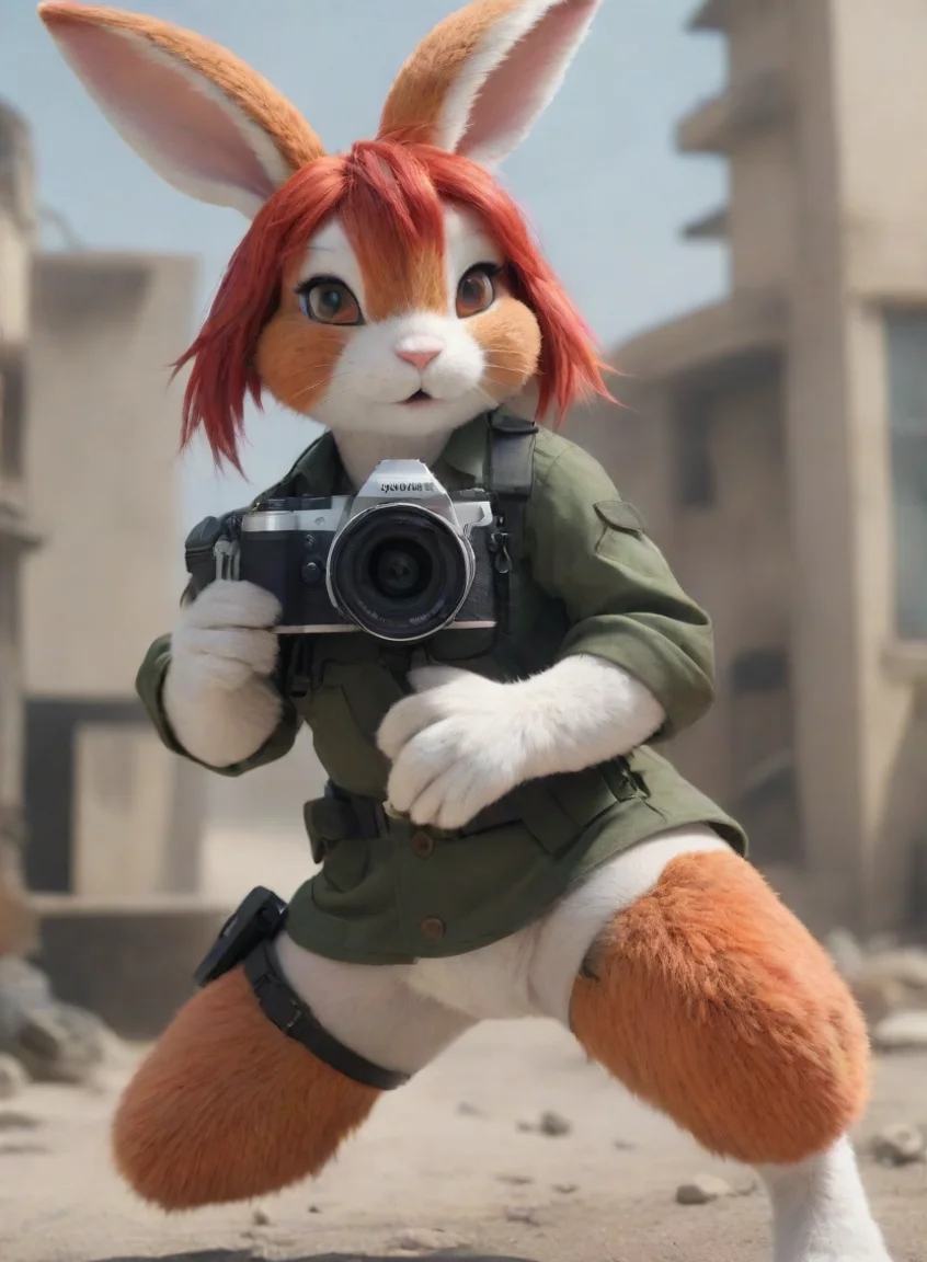 aiartstation art a female tomboy anthro furry bunny redhead with a camera in a warzone hd confident engaging wow 3 portrait43