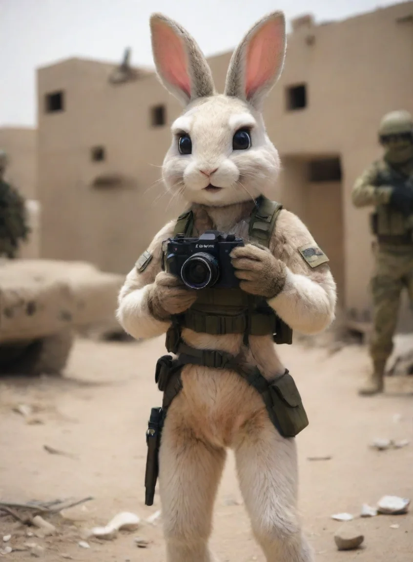 aiartstation art a femenine anthro furry rabbit woman bobcut with camera in a warzone hd confident engaging wow 3 portrait43