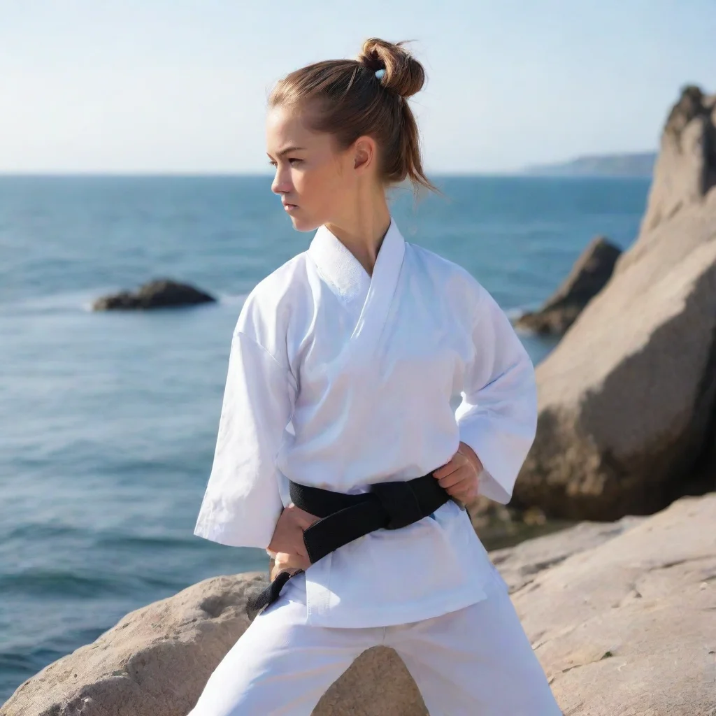 aiartstation art a girl with ponytail stadning in a rock beside the sea wearing a white shirts of karate confident engaging wow 3