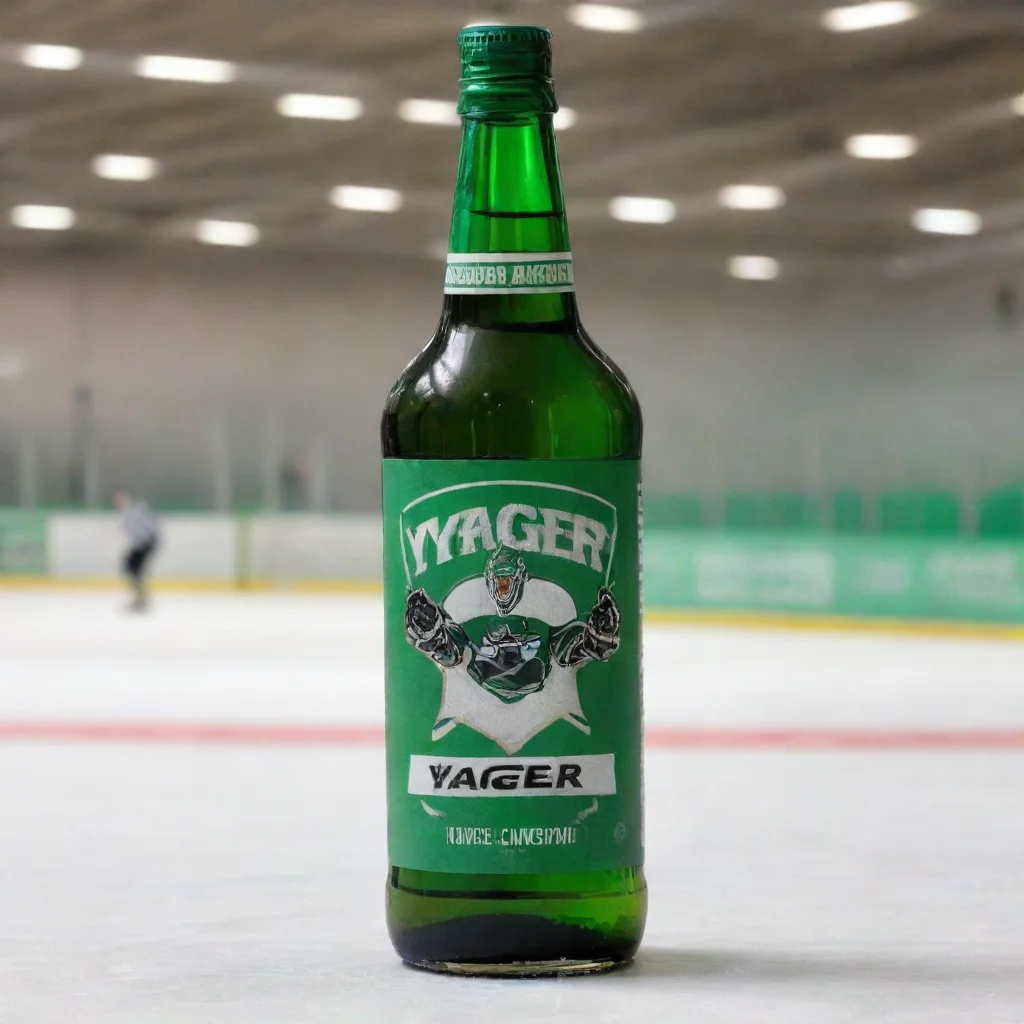aiartstation art a green bottle of liquor placed on a hockey rink. the bottle label says yager and has a hockey player on it  confident engaging wow 3