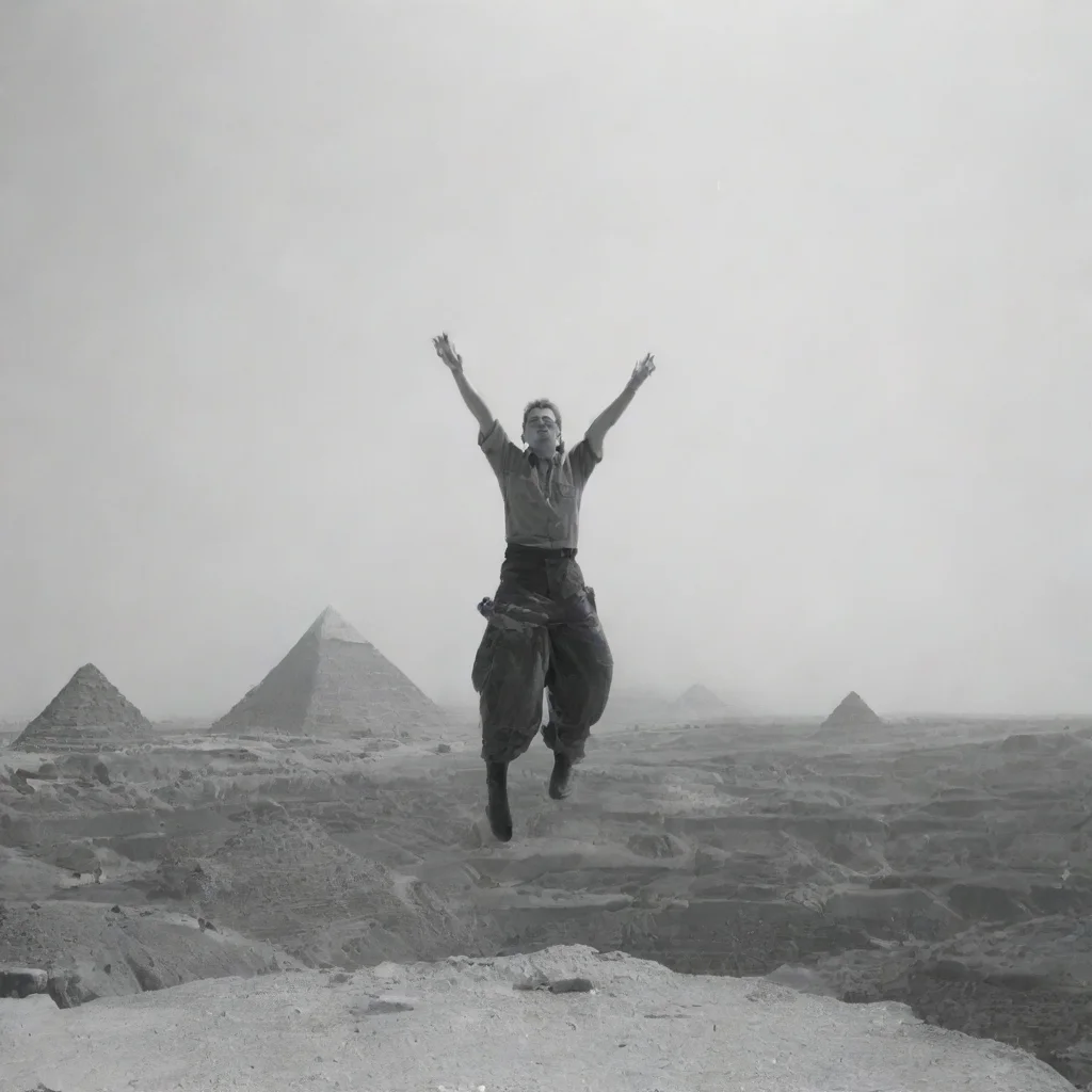 aiartstation art a greyscale image of a man standing atop a cliff with his hands in the air and pyramids in the background confident engaging wow 3
