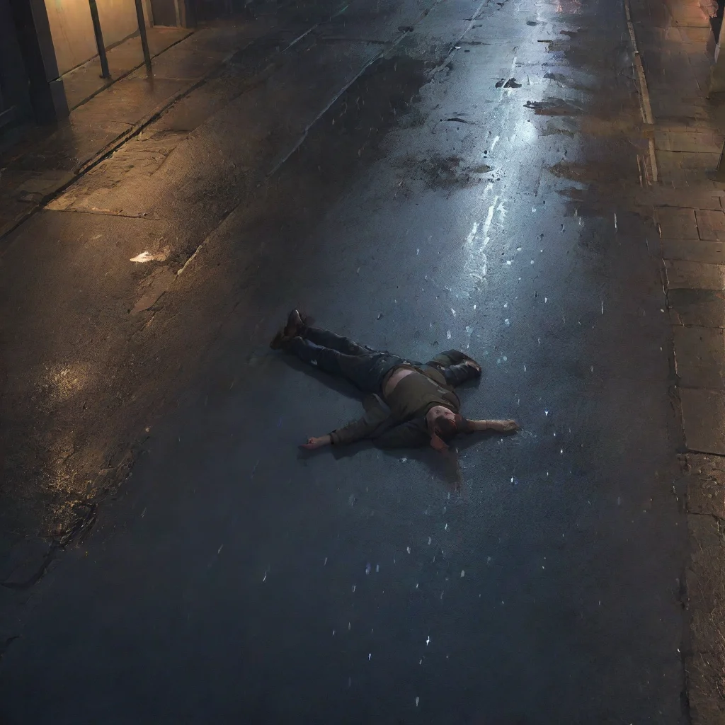 aiartstation art a guy lying on a puddle on the asphalt seen from above. it is raining and night time with city lights reflected on the asphat. confident engaging wow 3