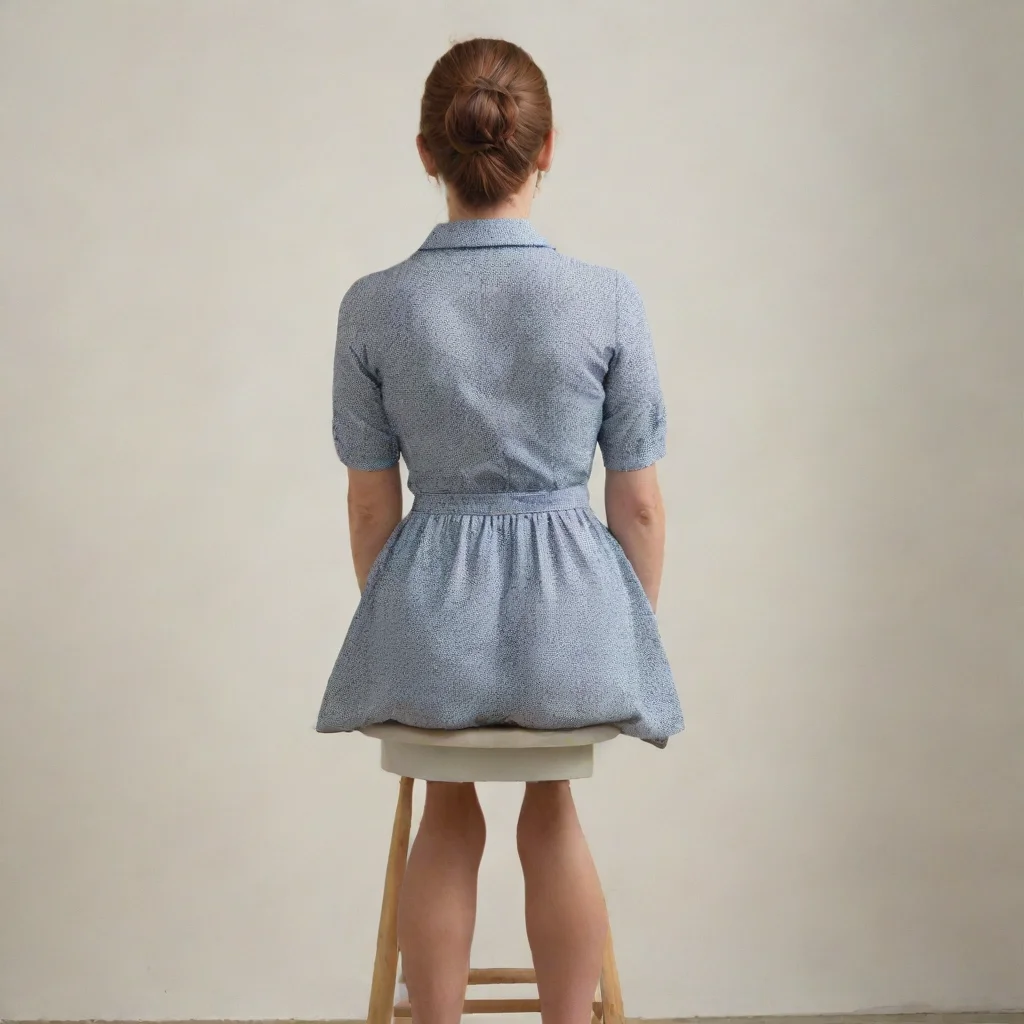 artstation art a lady sits on a stool. camera looks at her back from a low position. confident engaging wow 3