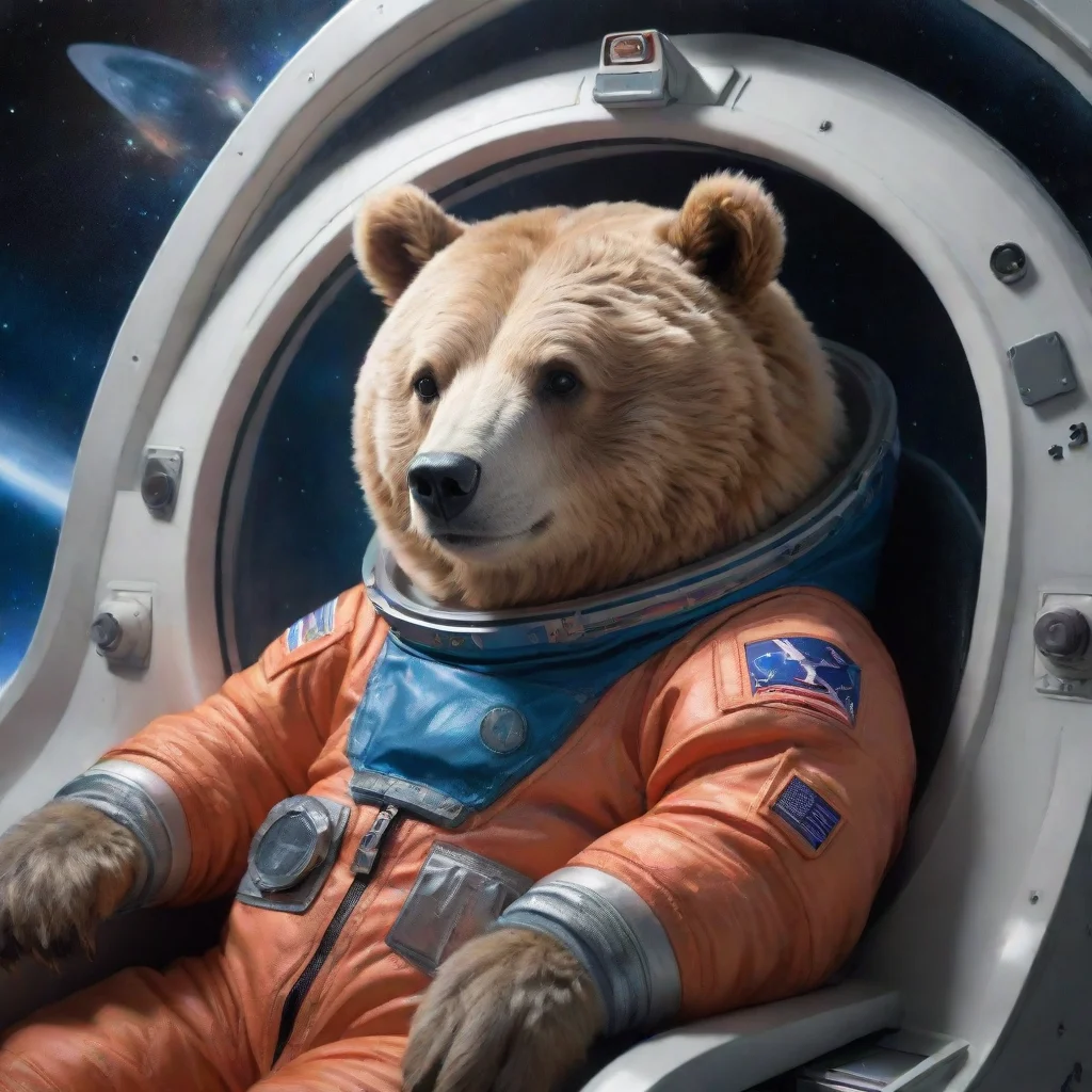 aiartstation art a lazy bear wearing a space suit inside a spaceship heading towards a quasar. confident engaging wow 3