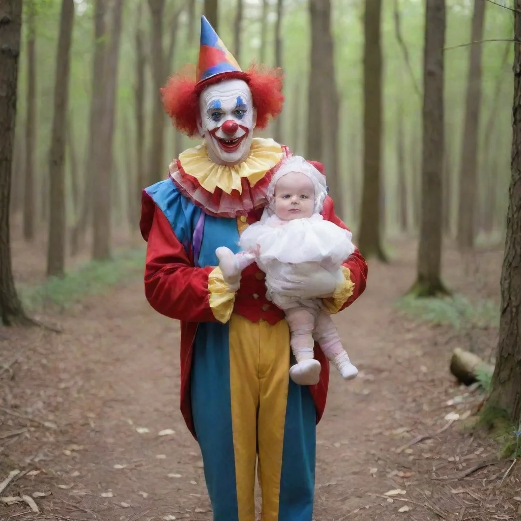 aiartstation art a male dressed clown with a newborn baby in the woods confident engaging wow 3