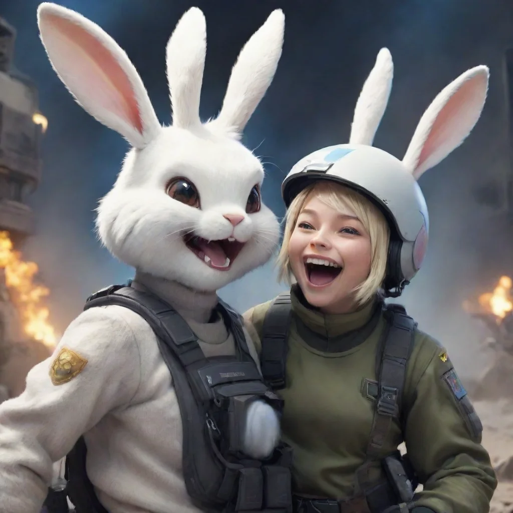 aiartstation art a male swedish space soldier and a cute anthropomorphic furry alien rabbit woman laughing in a warzone anime style confident engaging wow 3
