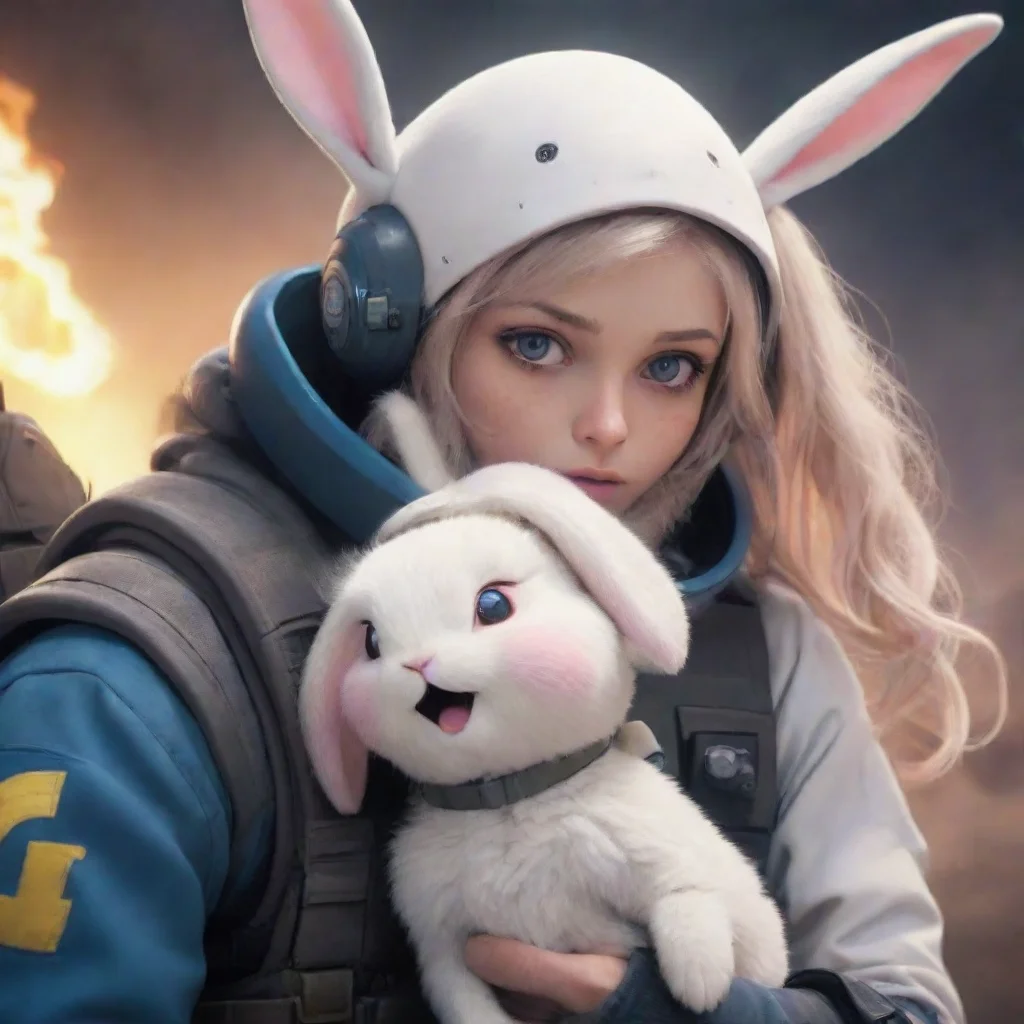 aiartstation art a male swedish space soldier with beard comfort a cute scared anthropomorphic alien rabbit woman in a warzone anime style confident engaging wow 3