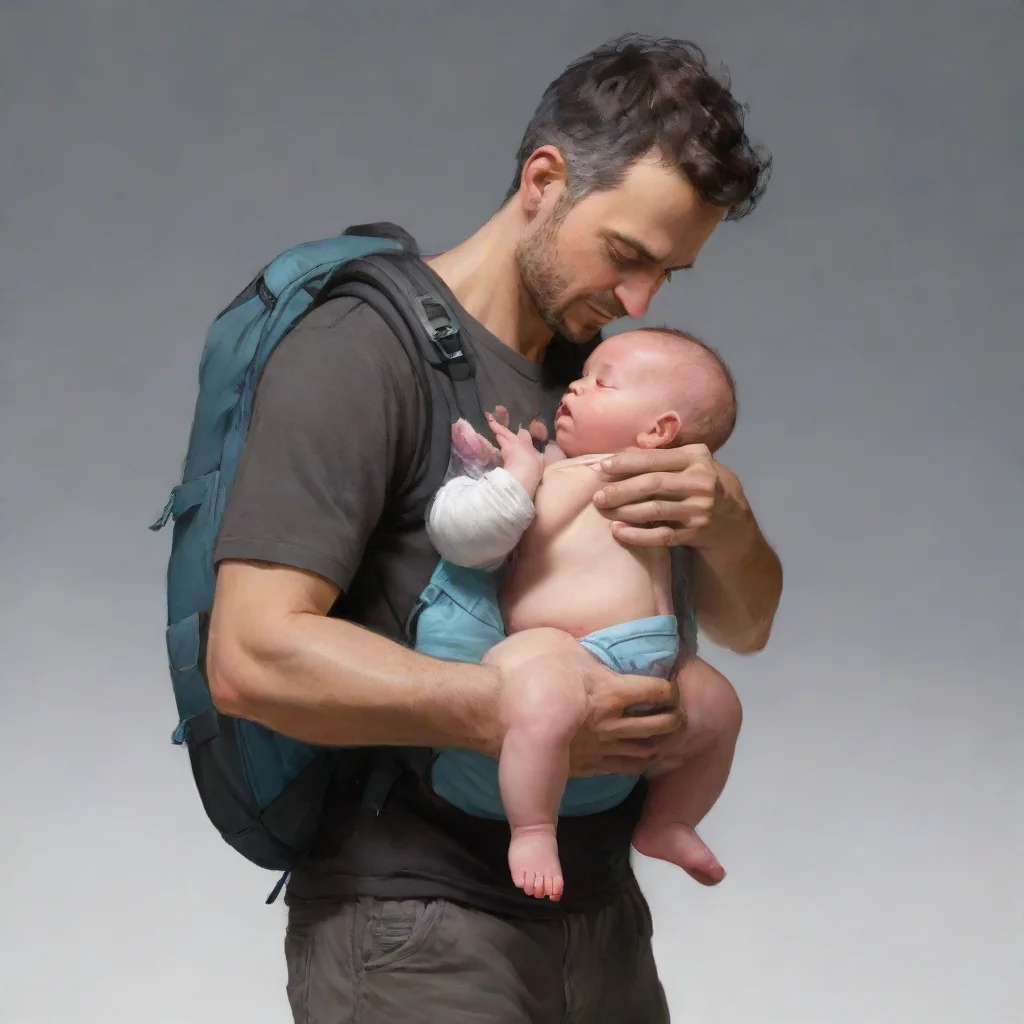 aiartstation art a man stuffing a newborn baby in a backpack confident engaging wow 3