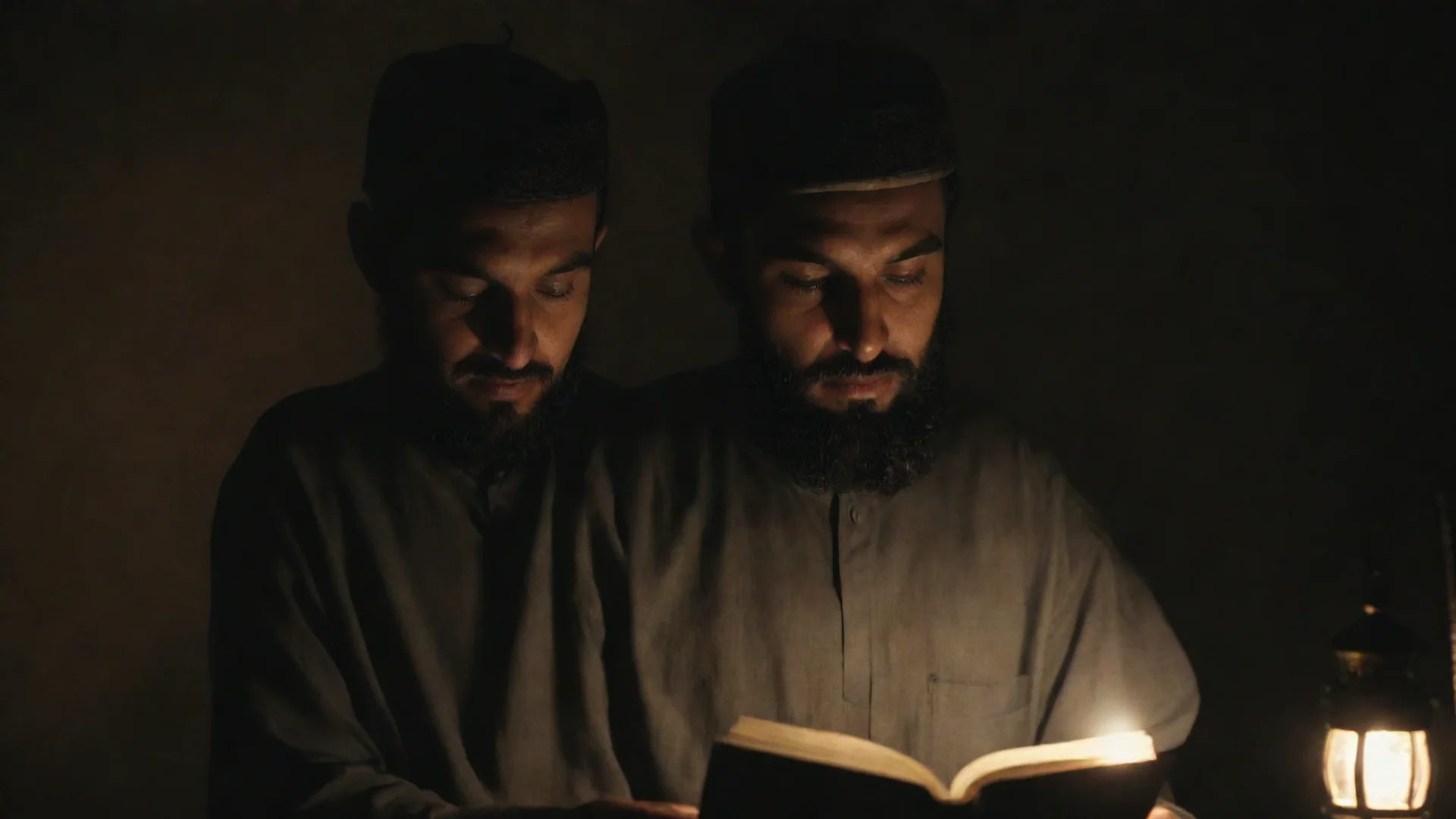 aiartstation art a muslim man reading a book in a dark room with lamp light. confident engaging wow 3 wide