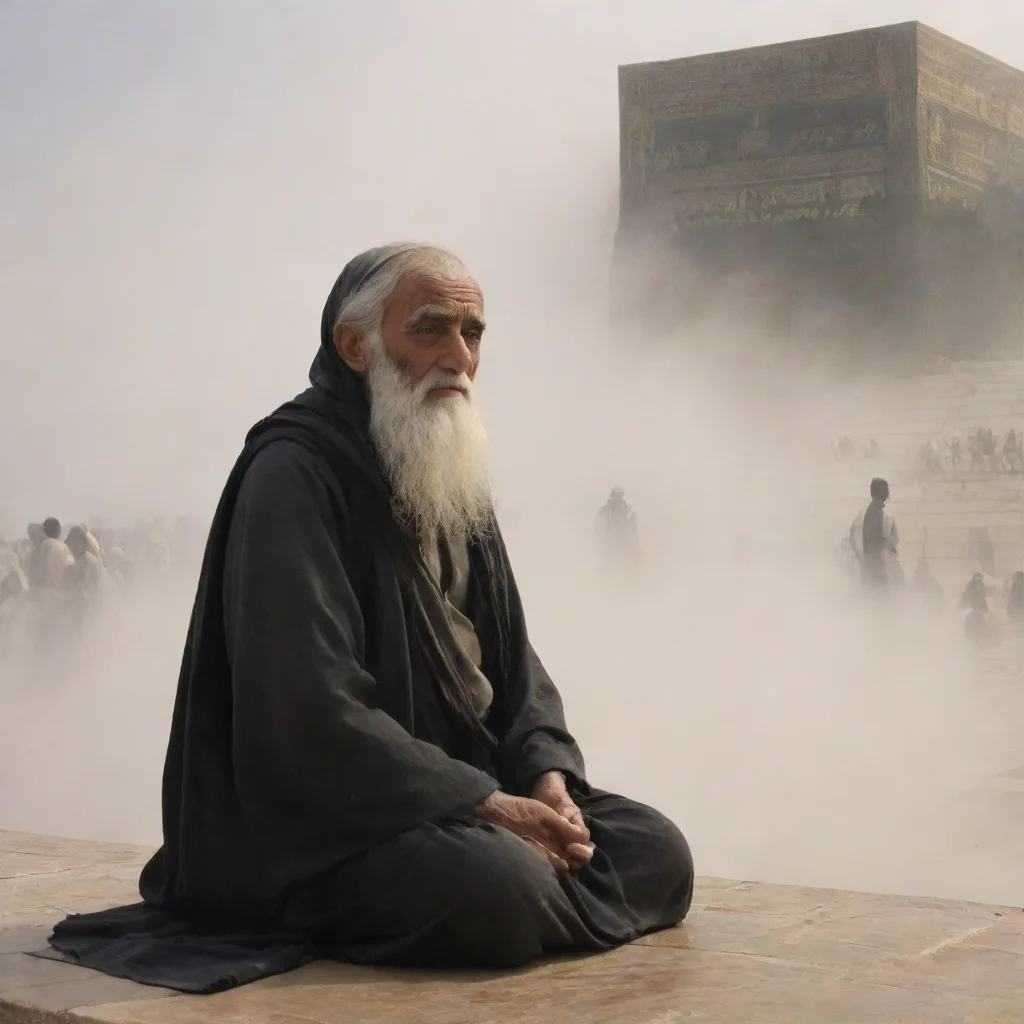 aiartstation art a near real wallpaper in which an old man covered in shroud is sitting in front on kaba and it is mist environemnt confident engaging wow 3