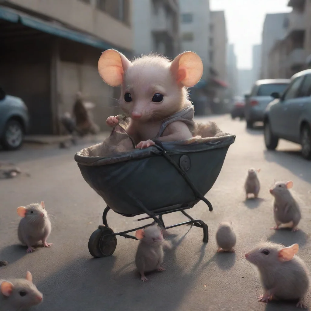 aiartstation art a newborn baby in a buggy in a carpark surrounded by rats confident engaging wow 3