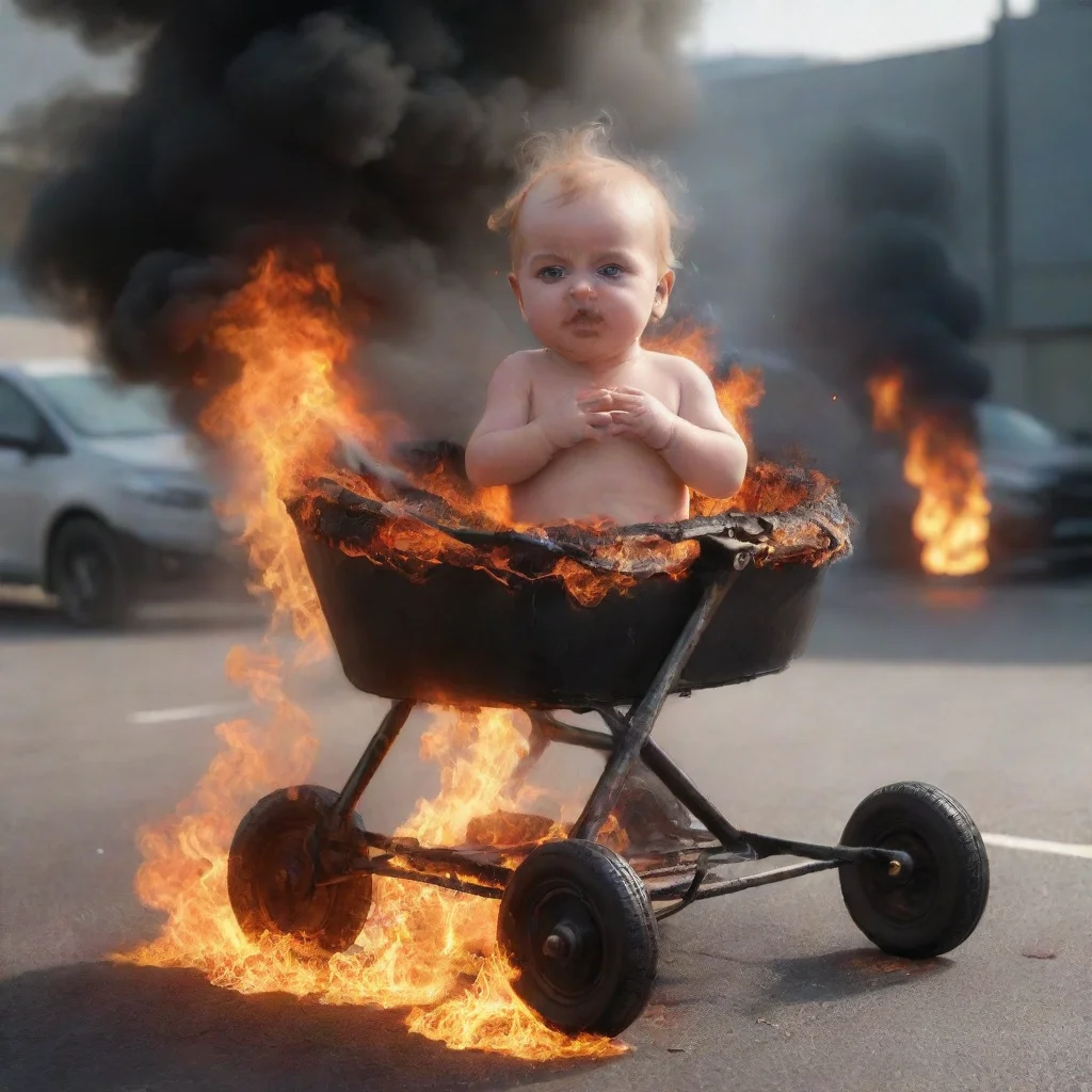aiartstation art a newborn baby in a buggy on fire in a car park confident engaging wow 3