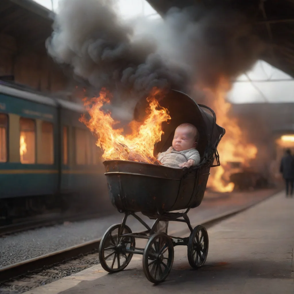 aiartstation art a newborn baby in a buggy on fire in a train station confident engaging wow 3