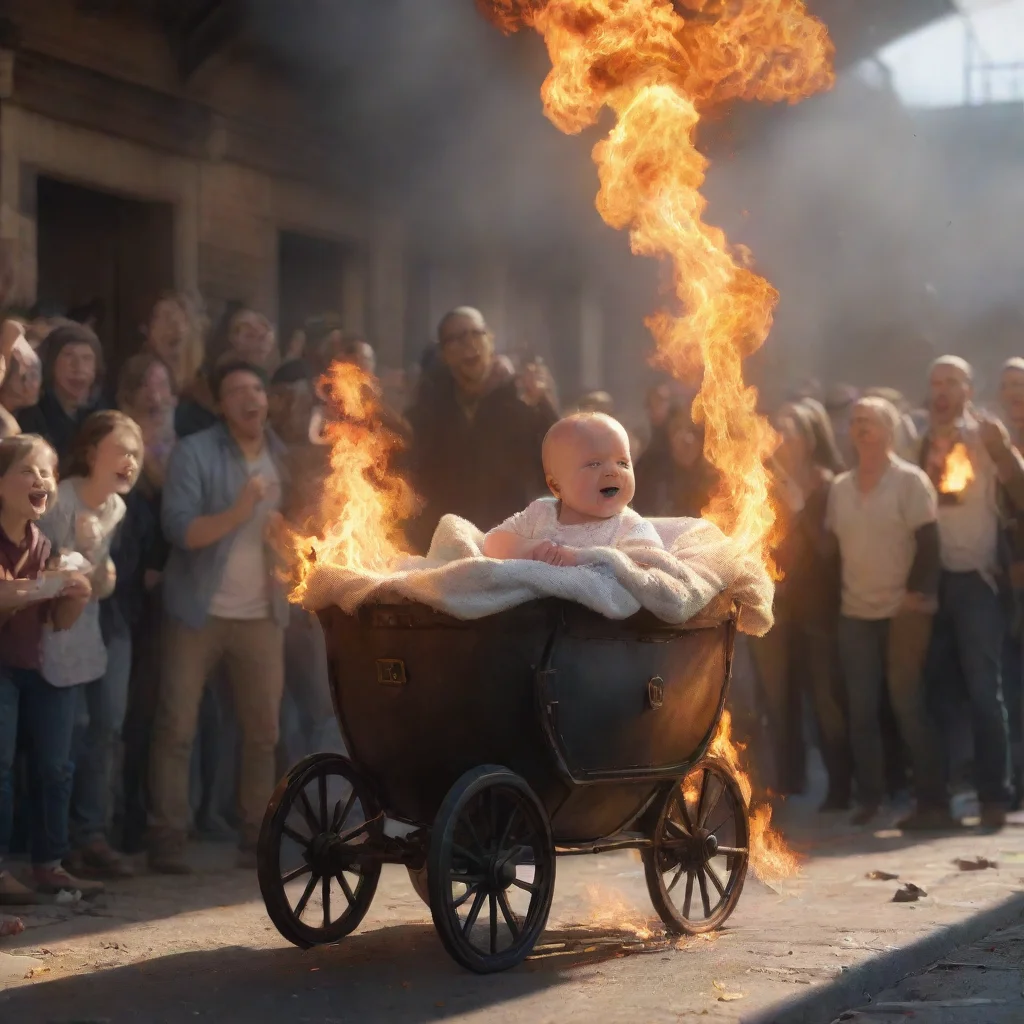 aiartstation art a newborn baby in a buggy on fire in a train station with people cheering confident engaging wow 3