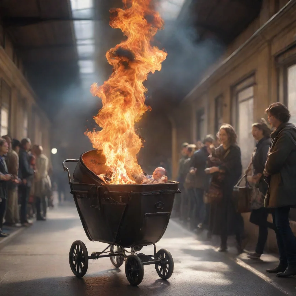 aiartstation art a newborn baby in a buggy on fire in a train station with people laughing confident engaging wow 3