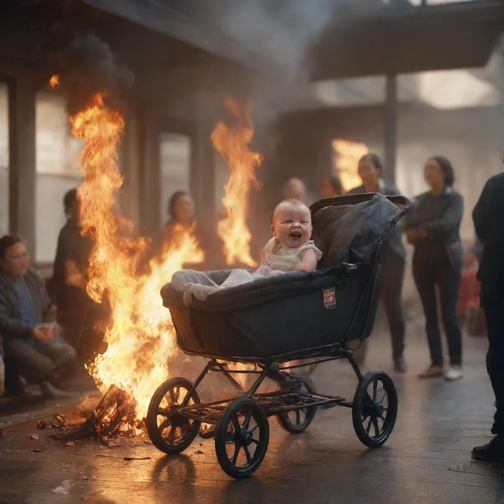 aiartstation art a newborn baby in a buggy on fire in a train station with people laughing in a background confident engaging wow 3