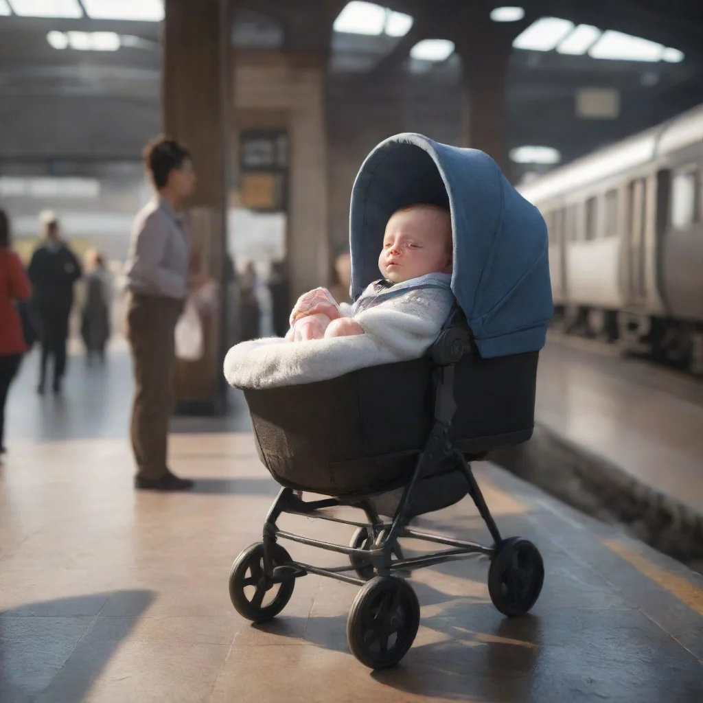 aiartstation art a newborn baby in a buggy on in a train station confident engaging wow 3