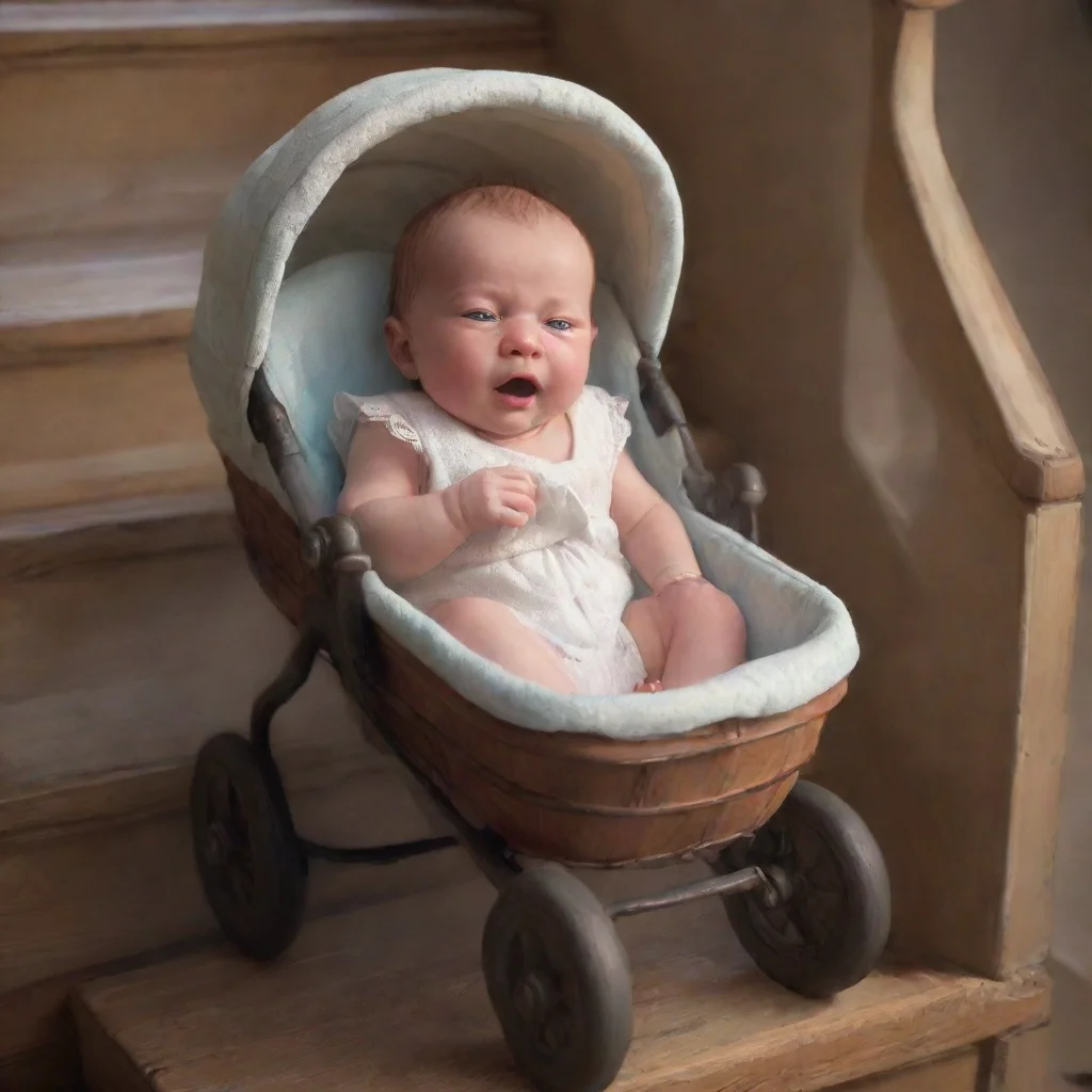 aiartstation art a newborn baby in a buggy rolling down stairs confident engaging wow 3