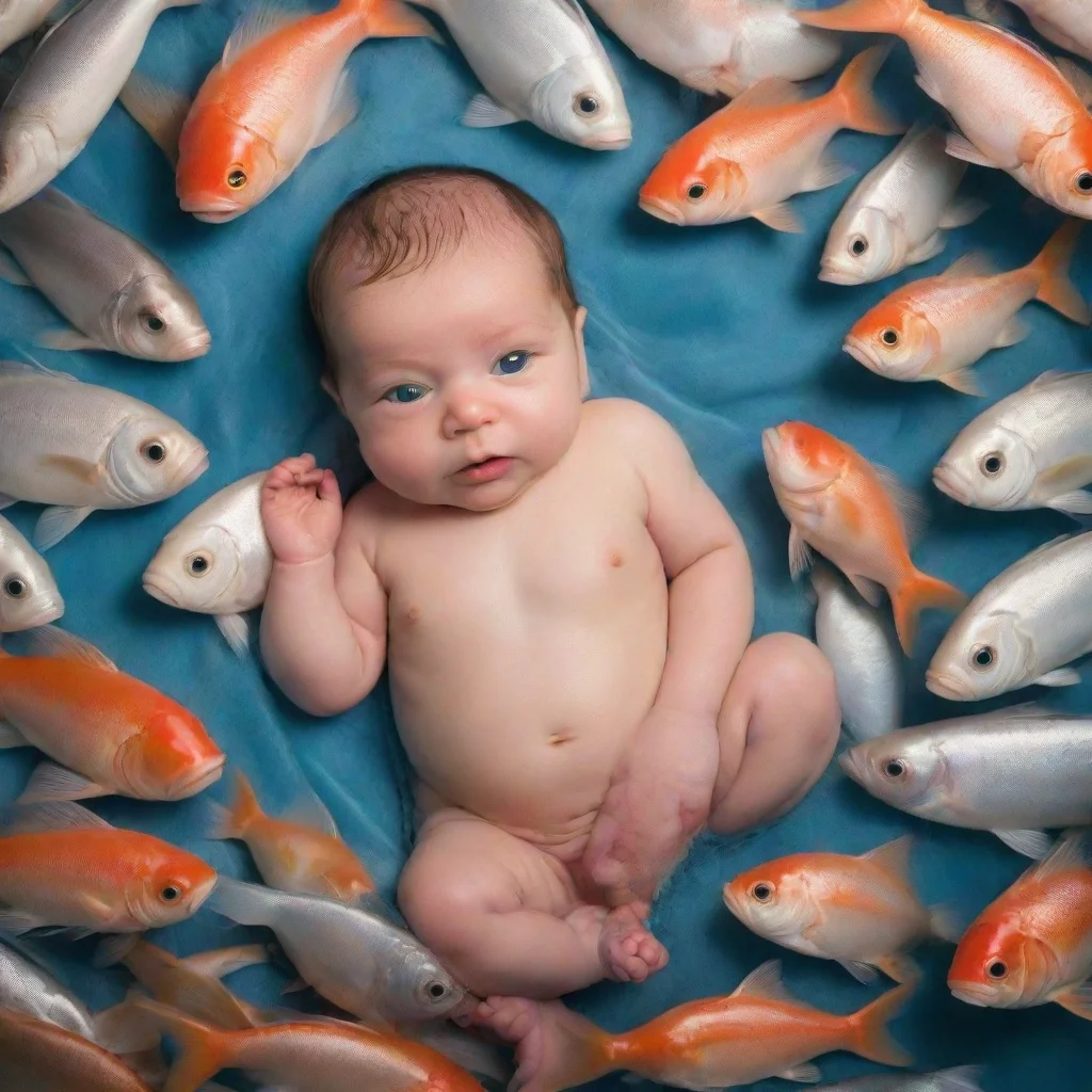 aiartstation art a newborn baby surrounded by fish confident engaging wow 3