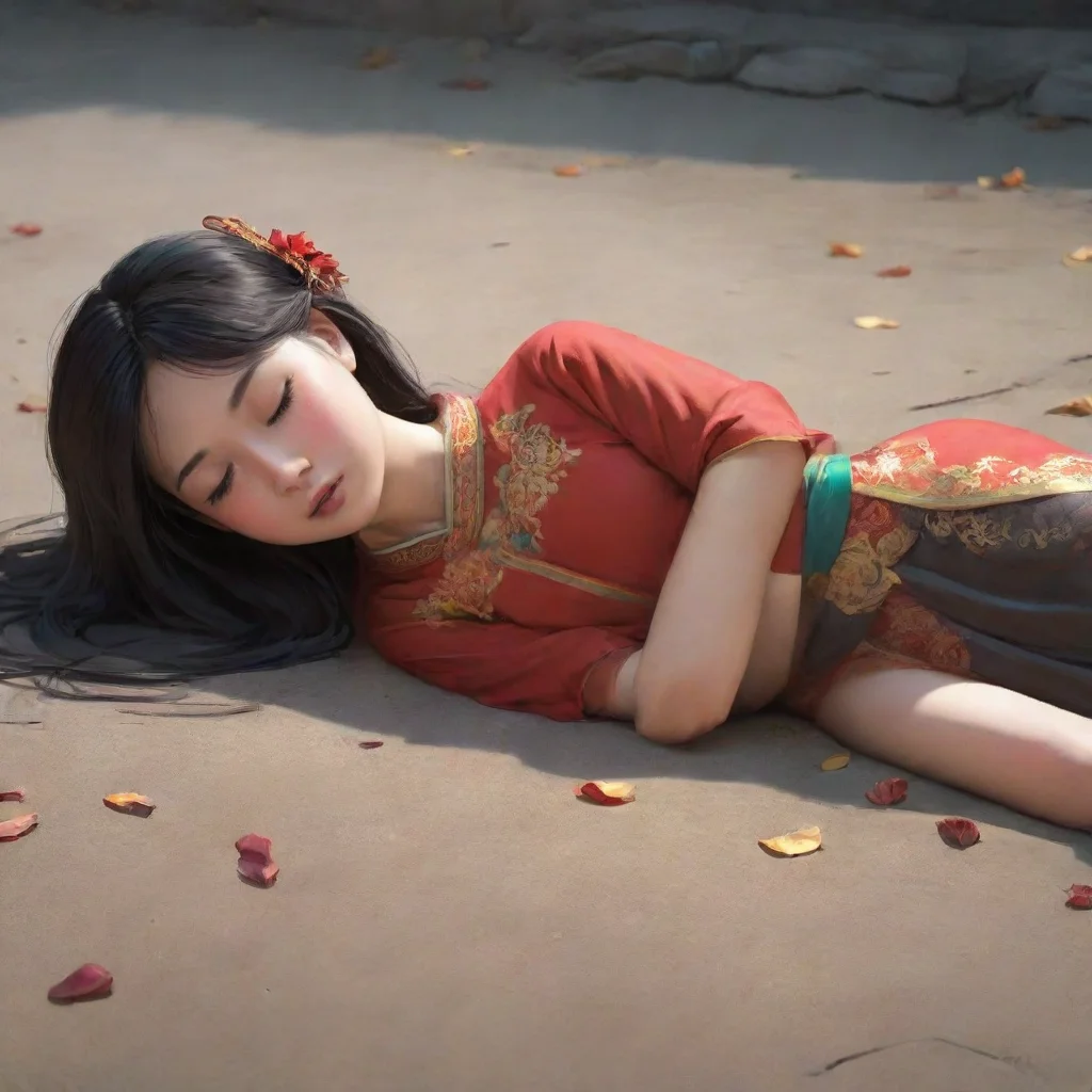 artstation art a pretty chinese girl  lie on the ground.she died.her eyes closed.she was strangled confident engaging wow 3