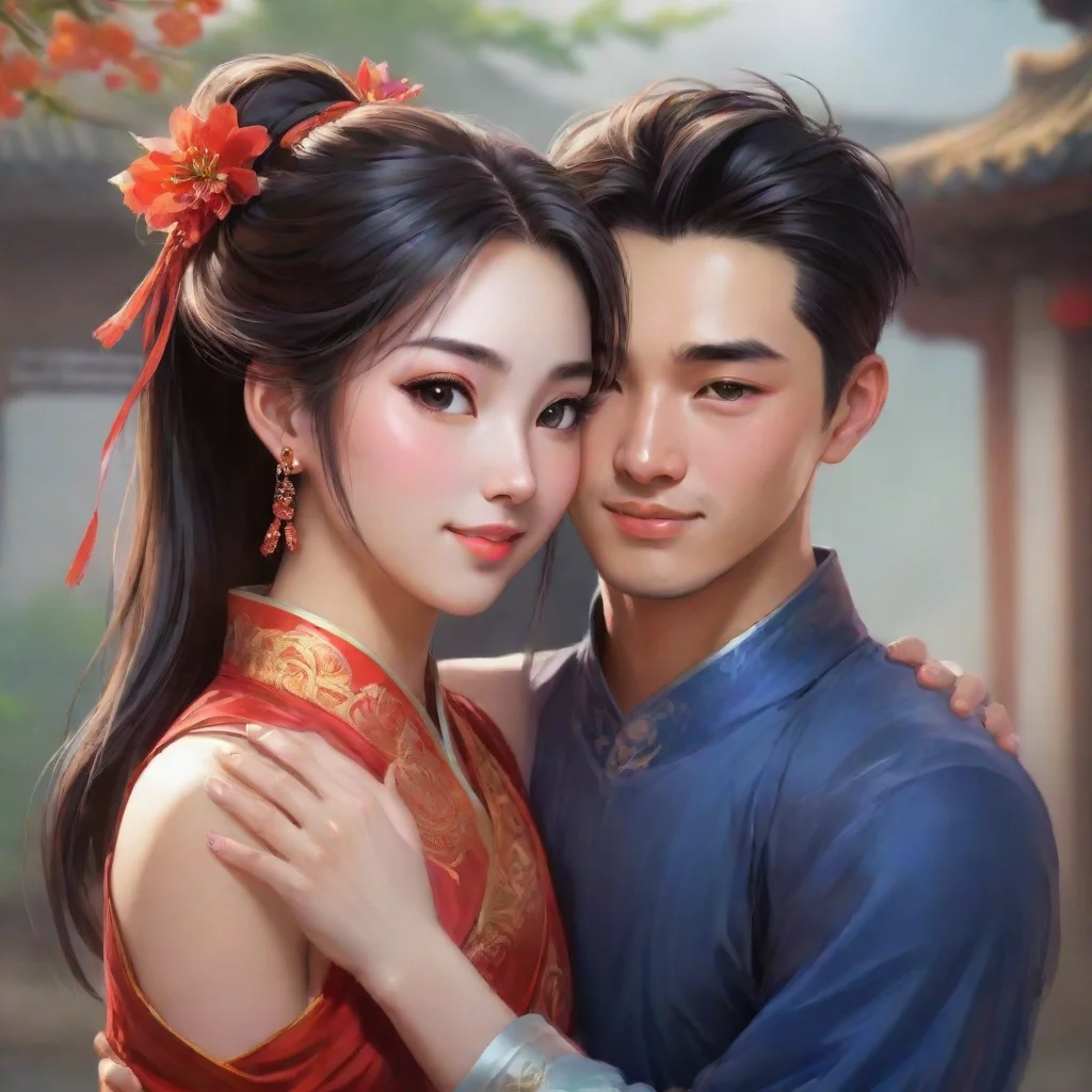 artstation art a pretty chinese girl and a handsome chinese boy hug each other confident engaging wow 3