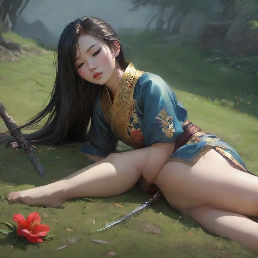aiartstation art a pretty chinese girl died on the ground with her eyes closed .a sword pierced into the gr confident engaging wow 3
