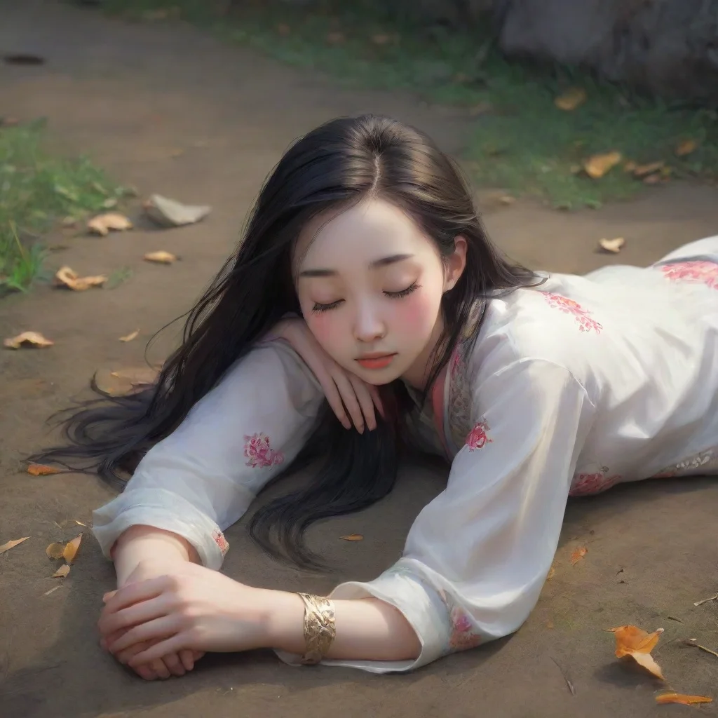 aiartstation art a pretty chinese girl lying on the ground with her head down.she died and closed her eyes. confident engaging wow 3