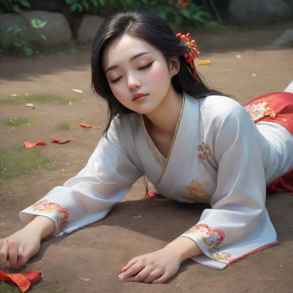 aiartstation art a pretty chinese girl lying on the ground with her head off.she died and closed her eyes. confident engaging wow 3