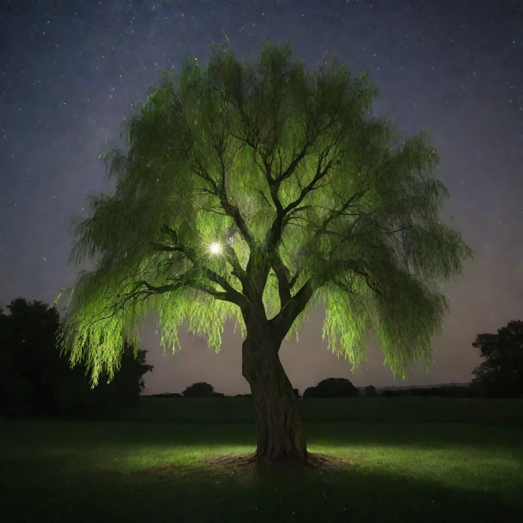 aiartstation art a really pretty and aesthetic green willow tree and a bright star at night confident engaging wow 3