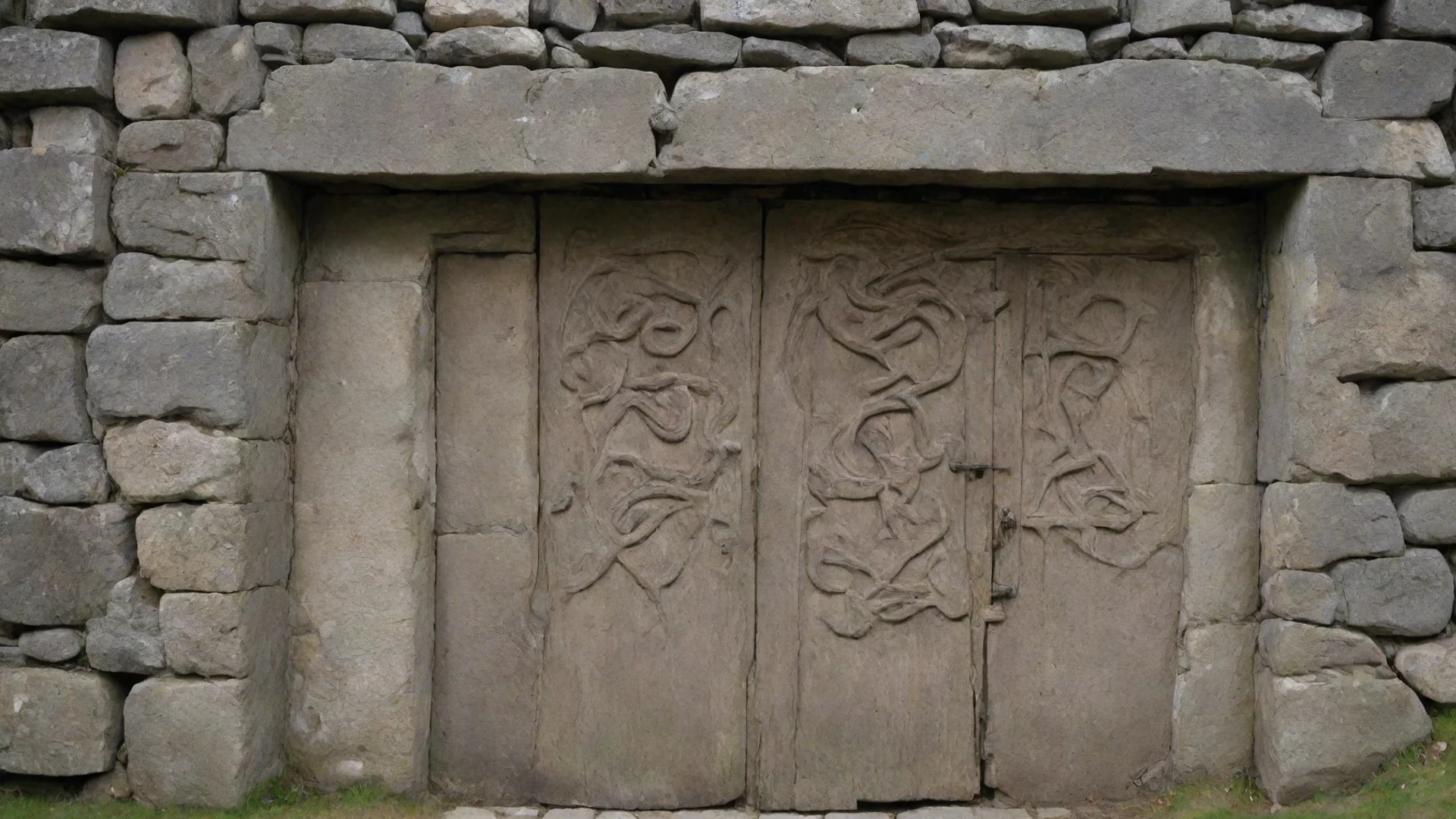 aiartstation art a rectangular door way in a stone wall.  the door frames is carved with demonic runes confident engaging wow 3 wide