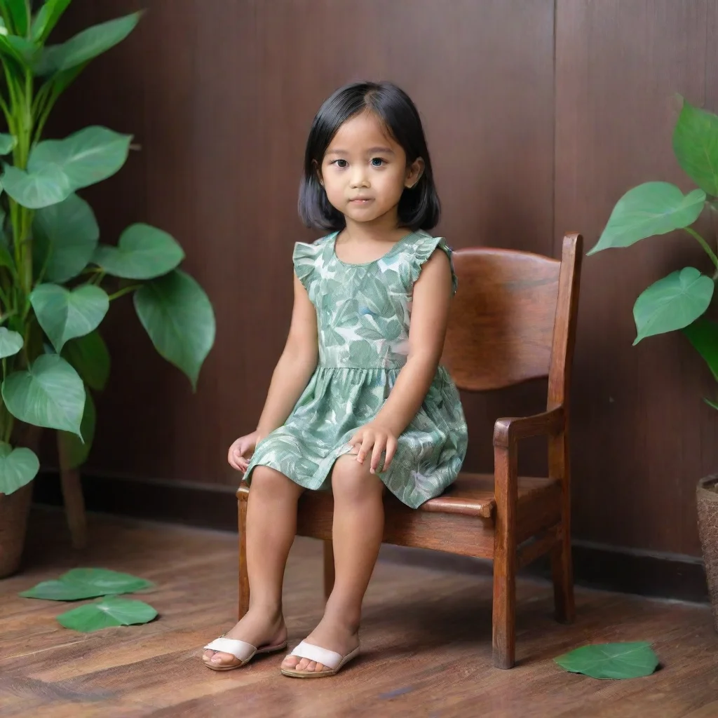 aiartstation art a six year old indonesian girl sit on the wood chair. interior wood feel with leaves on the wooden floor. confident engaging wow 3