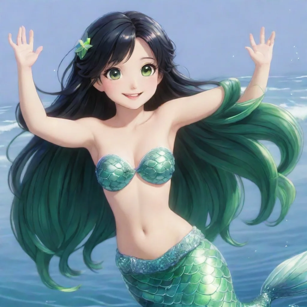 aiartstation art a smiling anime mermaid with black hair and green eyes waving confident engaging wow 3