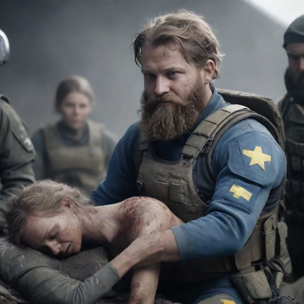 aiartstation art a swedish space soldier man with beard helping wounded alien girls in a warzone hd confident engaging wow 3