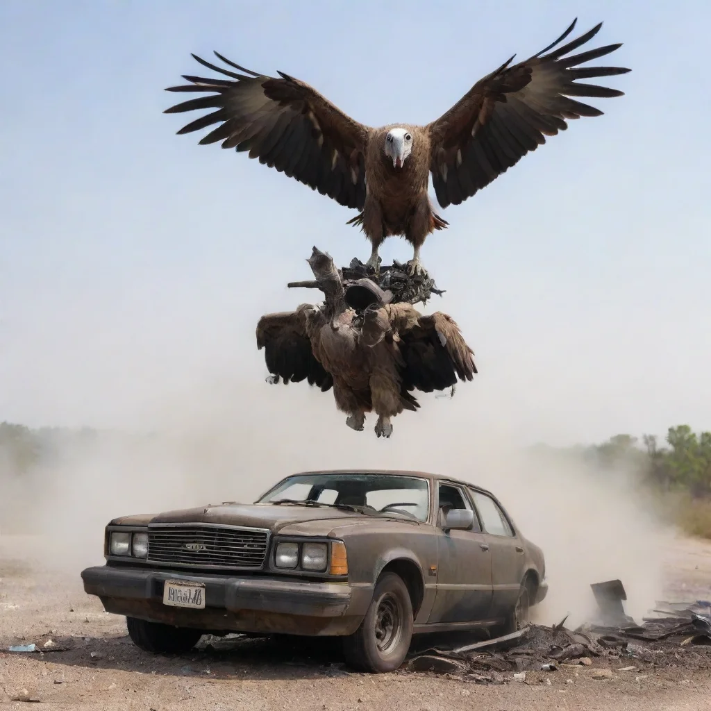 aiartstation art a vulture bird landing on a broken smoking car engine wearing glases confident engaging wow 3