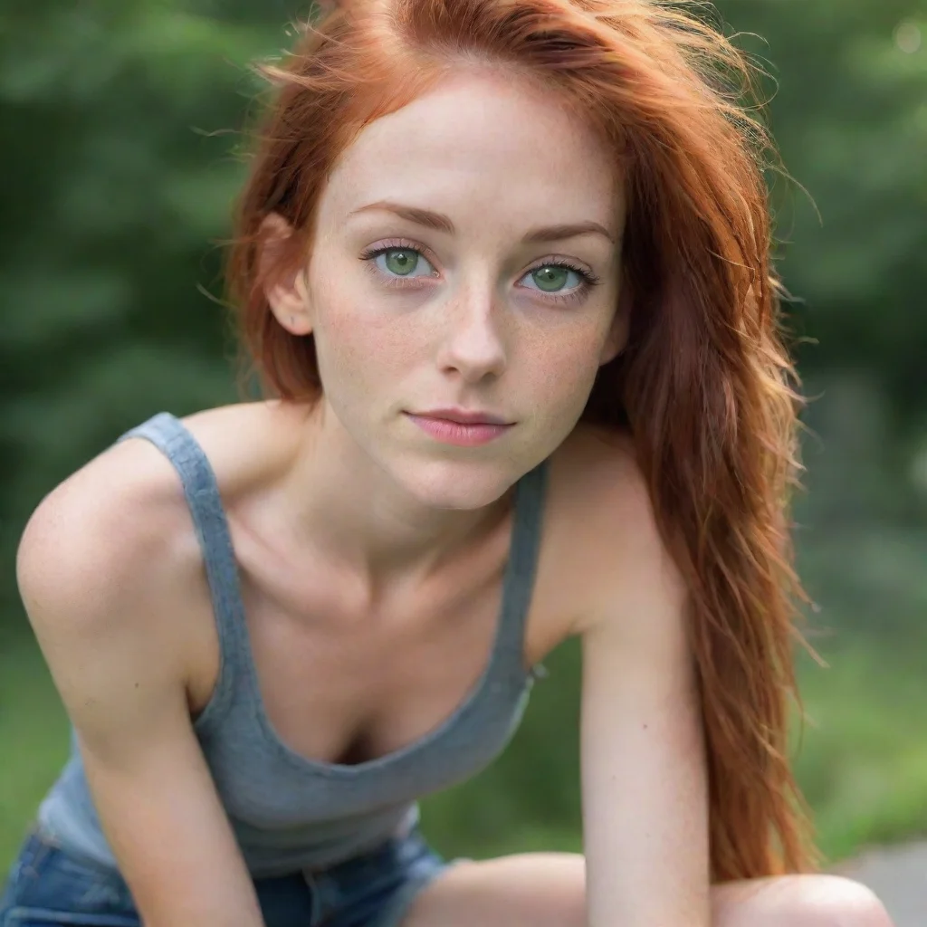 aiartstation art a woman with red hair and hazel green eyes. she is very skinny and is wearing a tank top and jean shorts. confident engaging wow 3