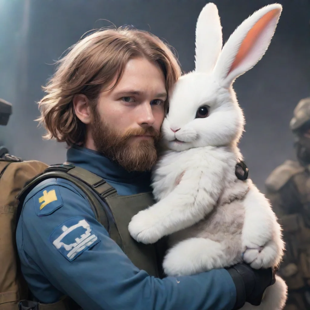 aiartstation art a young bearded male swedish space soldier hugging a cute female anthropomorphic furry rabbit in a warzone anime style confident engaging wow 3