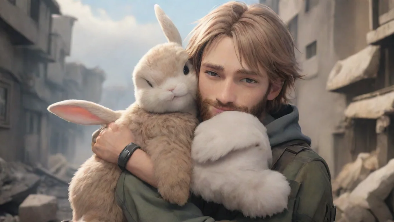 aiartstation art a young bearded swedish human man hugging a female anthro furry rabbit romanticly in a warzone anime style cartoon confident engaging wow 3 widescreen