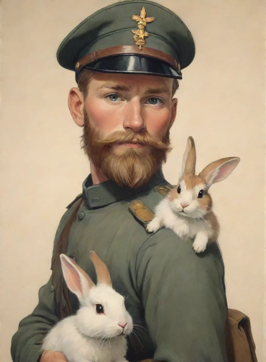 aiartstation art a young bearded swedish soldier saving anthro rabbits propaganda poster cartoon hd confident engaging wow 3 portrait43