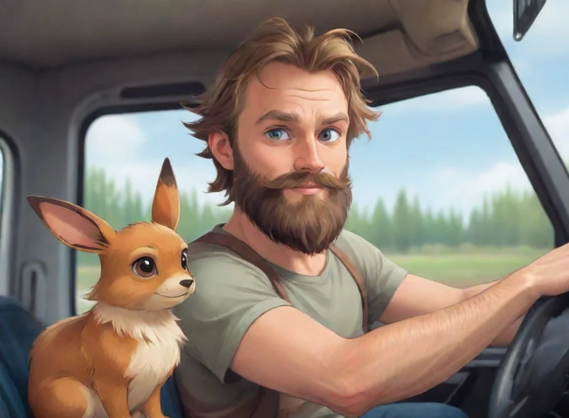 aiartstation art a young bearded swedish trucker man driving truck with pet eevee cartoon anime style confident engaging wow 3 landscape43