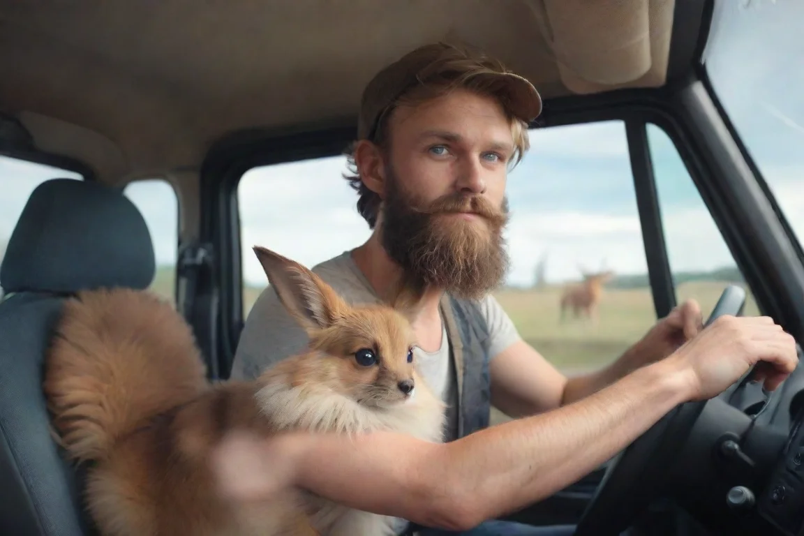 aiartstation art a young bearded swedish trucker man driving truck with pet eevee realistic hd confident engaging wow 3 landscape