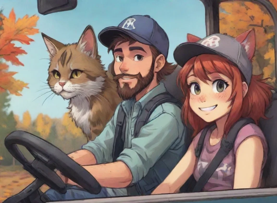 aiartstation art a young bearded trucker man with baseballcap driving with anthro furry tomboy punk catgirl couple lovers autumn cartoon anime style confident engaging wow 3 landscape43