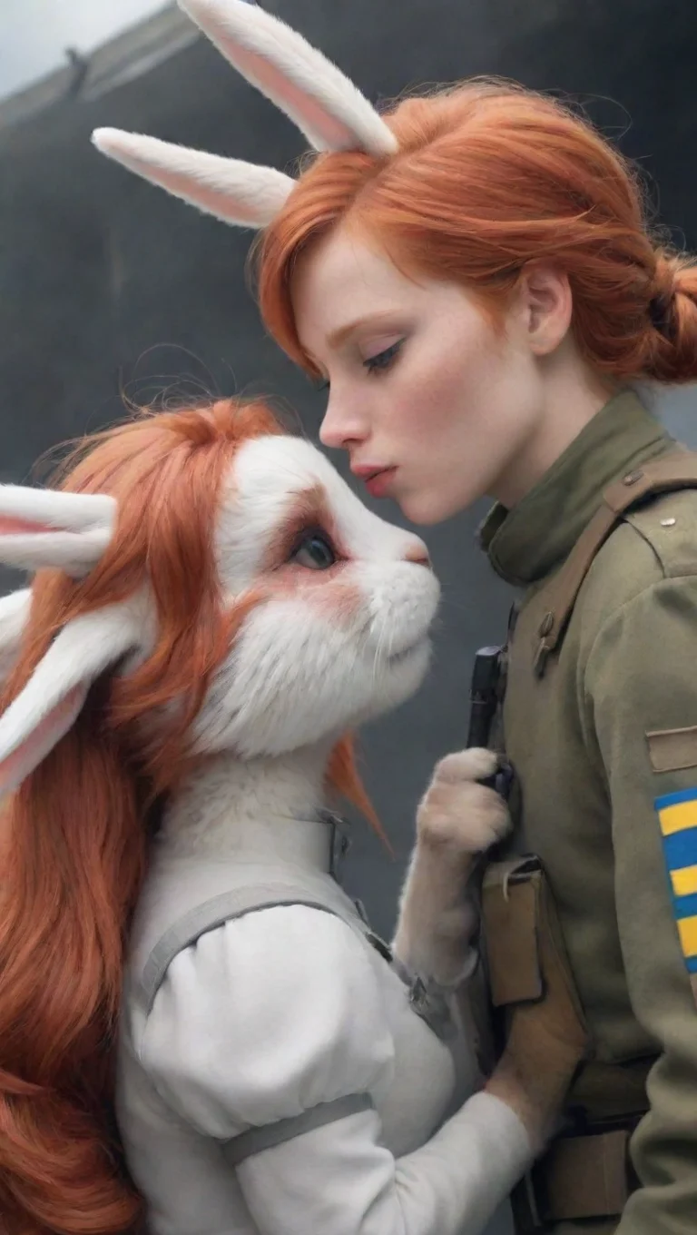 aiartstation art a young human swedish soldier man kissing a female anthro furry rabbit tomboy redhead kissing romantically sci fi hd confident engaging wow 3 tall