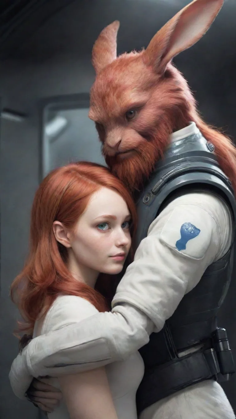 aiartstation art a young male human bearded swedish space soldier hugging a female anthro alien rabbit redhead romantic hd confident engaging wow 3 tall
