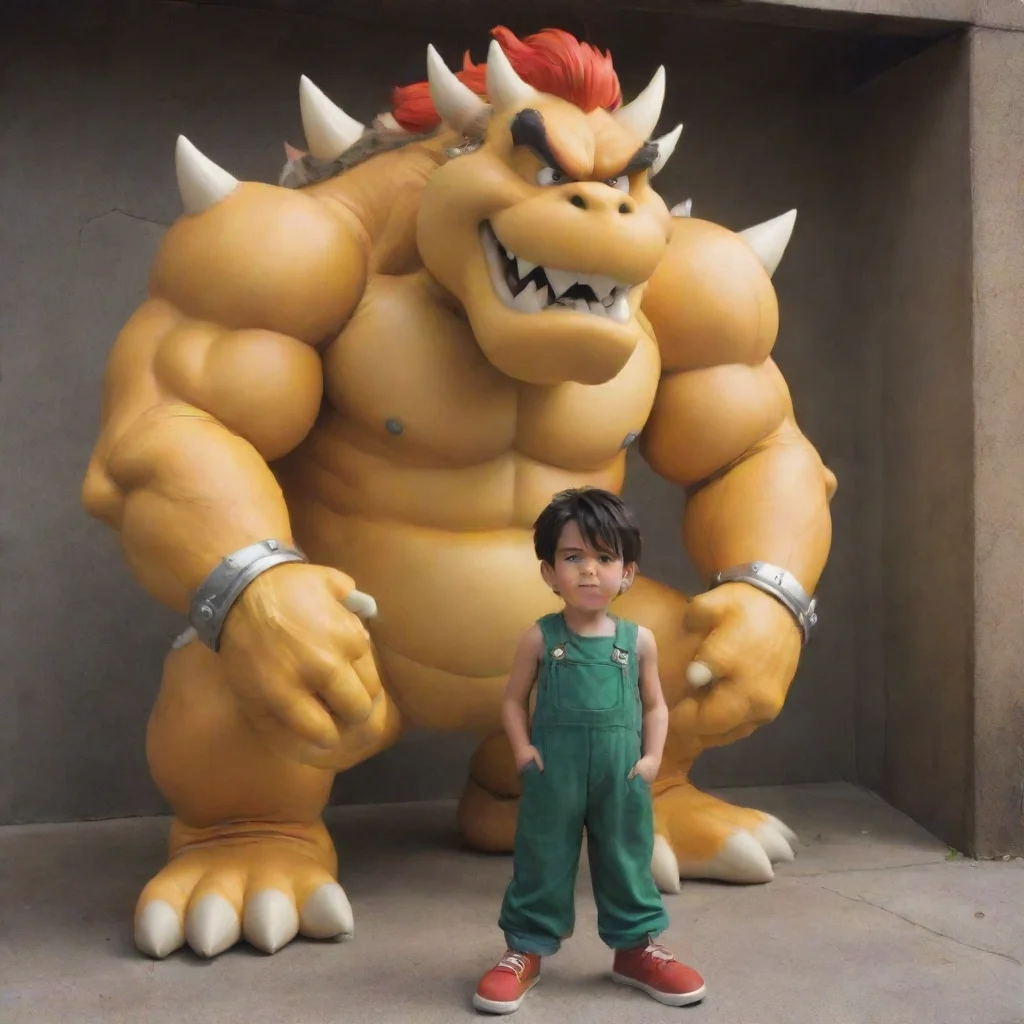aiartstation art a young man stands in front of bowser. bowser is much taller and bigger than himself animeretro confident engaging wow 3