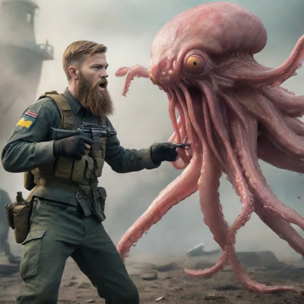 aiartstation art a young swedish soldier with a beard fighting a squid alien in a warzone confident engaging wow 3