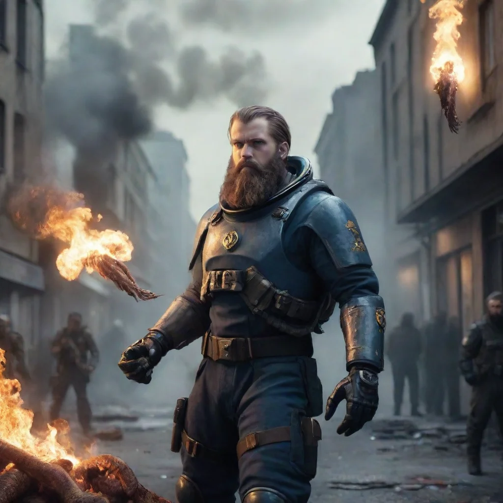 aiartstation art a young swedish space marine with beard executing alien squid nazis in a burning sci fi city hd confident engaging wow 3