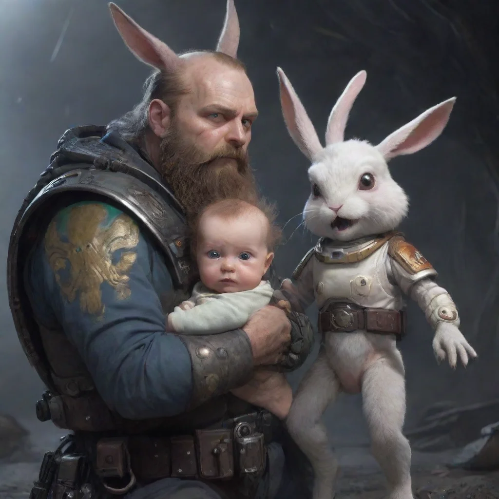 aiartstation art a young swedish space marine with beard helping a scared anthropomorphic alien bunny woman and her baby. confident engaging wow 3